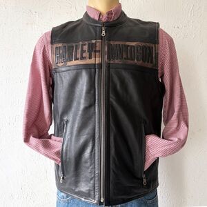 Harley-Davidson Men's Medium Vest Black Leather Camo Motorcycle Zip Front